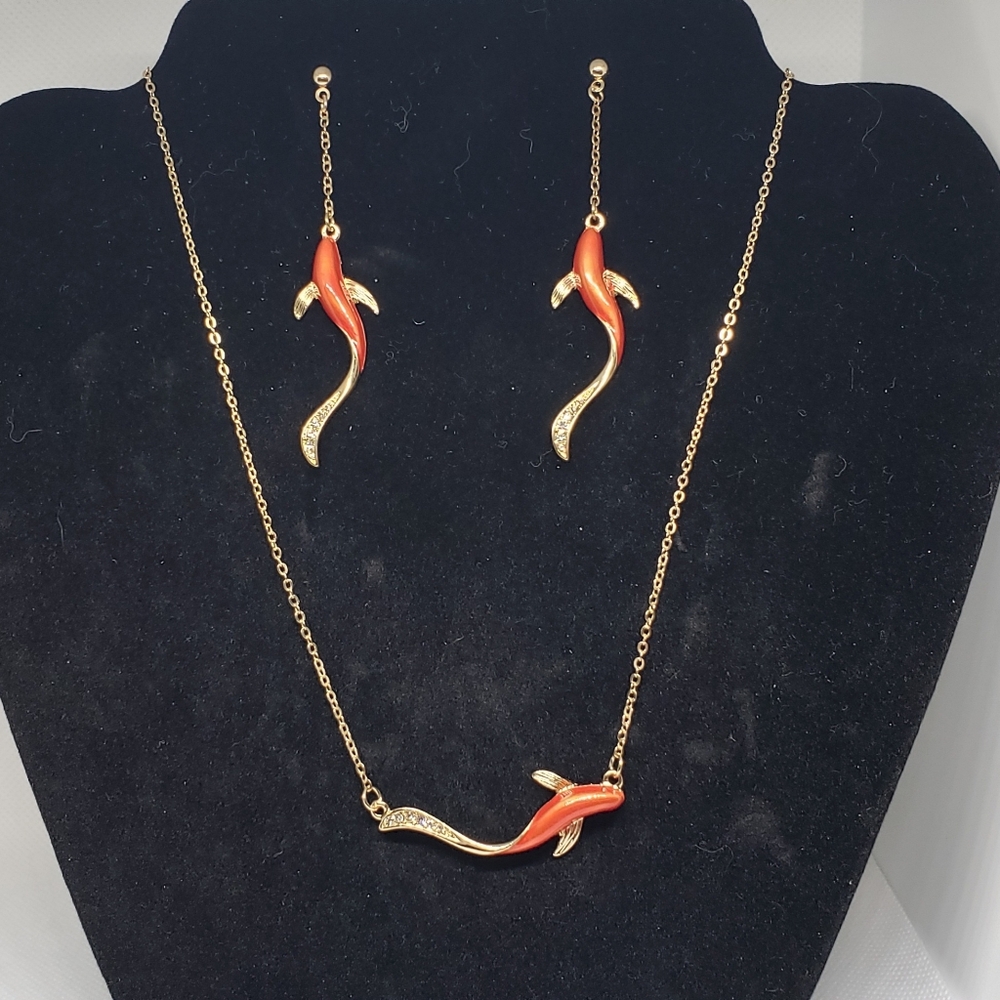 Three Piece 18K Gold Plated & Orange Lucky Fish Pendant Necklace and Earring Set